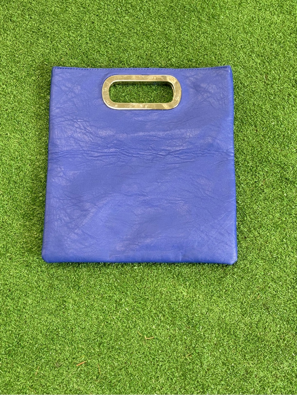 Blue Leather Top-Handle Clutch with Silver Accent